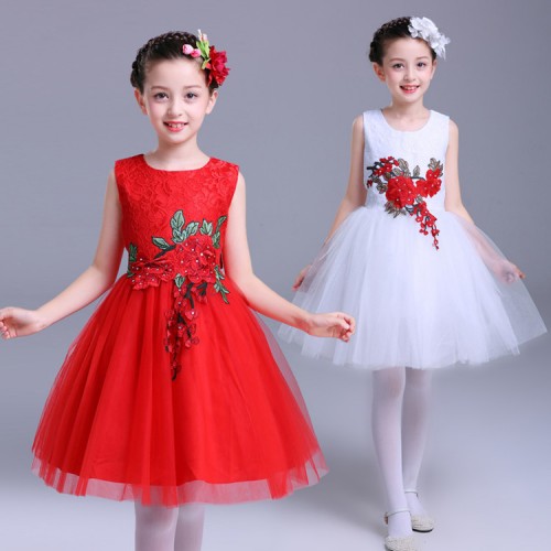 Children's jazz singers modern dance princess dresses white red  fairy fluffy gauze costumes kindergarten chorus performance clothing